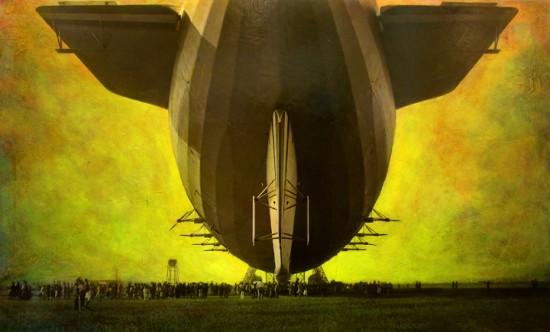 Stacey M. Carter. Tail view of Airship Akron at Moffett Field 1932, Hangar One Under Construction, 2014