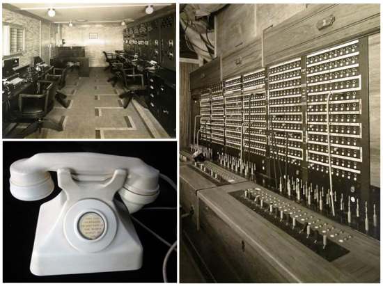 Queen Mary radio room, telephone exchange, and cabin telephone