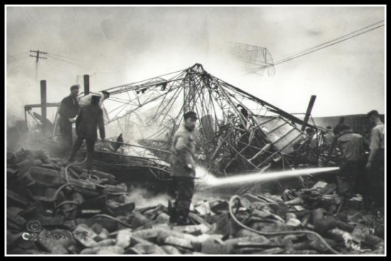 Burning wreckage of the U.S. Army's hydrogen airship Roma; Norfolk, Virginia - February 21, 1922.