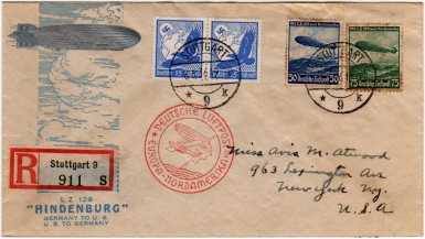 Cover carried on Hindenburg's maiden flight from Germany to the United States.  Sieger 406D.