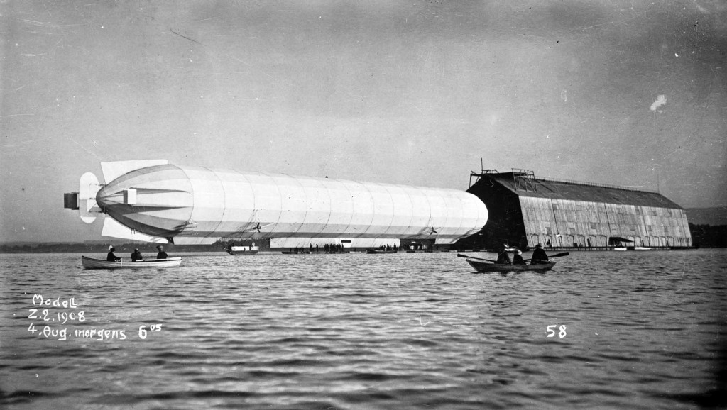 LZ-4 leaving its hangar on the Bodensee for the 24 hour test flight that ended in the crash at Echterdingen. 