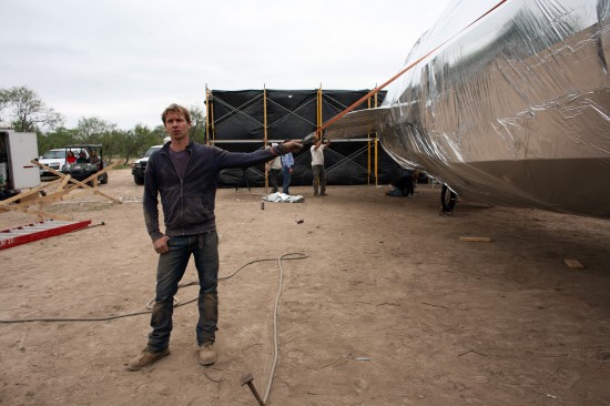 Jem Stansfield holding Hindenburg model