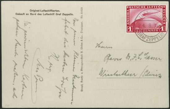 Lot 3224 - Graf Zeppelin postcard signed by Max Pruss