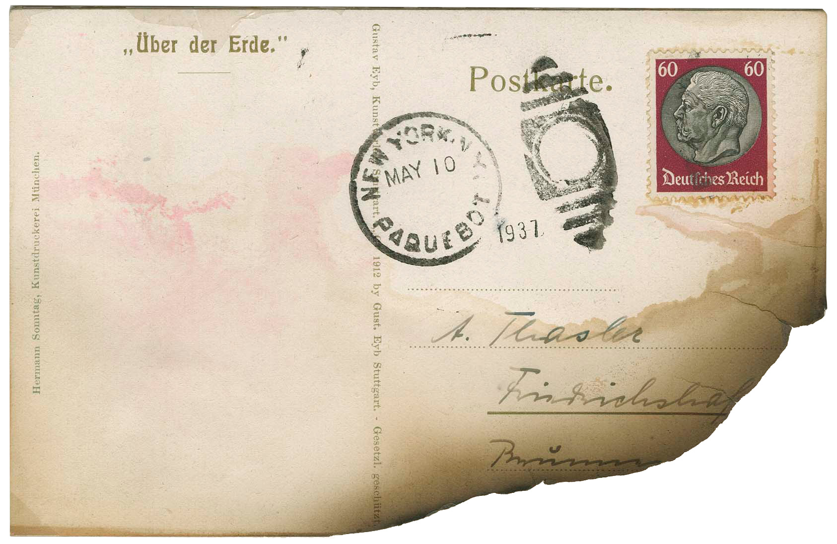 Hindenburg crash mail, Thasler postcard