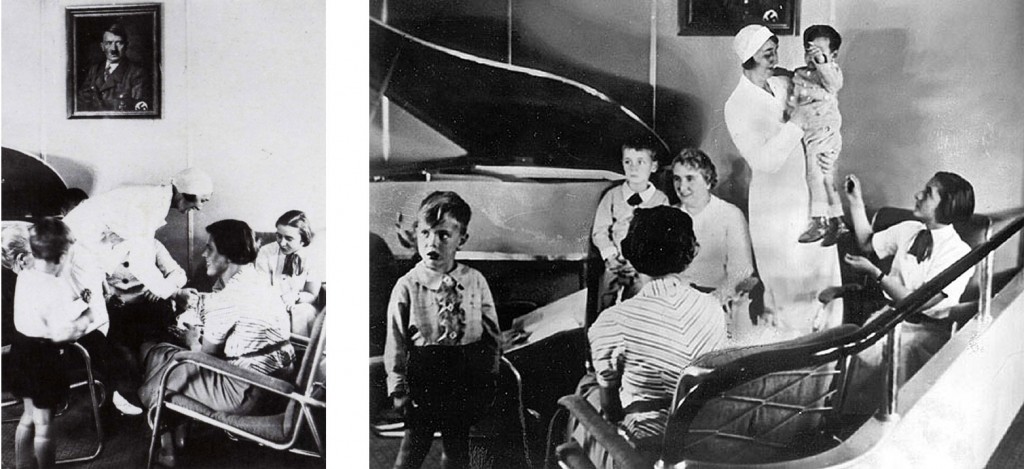 Two views of the Lounge, showing portrait of Hitler and the ship's duralumin piano. (The stewardess is Emilie Imhof, who was killed at Lakehurst in 1937.)