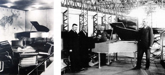 Lounge of the Hindenburg, as completed (left) and under construction. Zeppelin chief designer Ludwig DÃ¼rr standing at right of photo, with Professor Franz Wagner at the piano and Captain Ernst Lehmann to Wagner's right